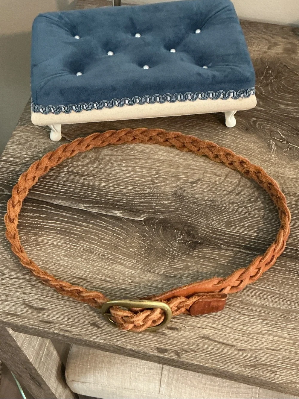 Braided Tan Leather Belt with Solid Brass Oval Buckle Fits 35” Max Waist GUC